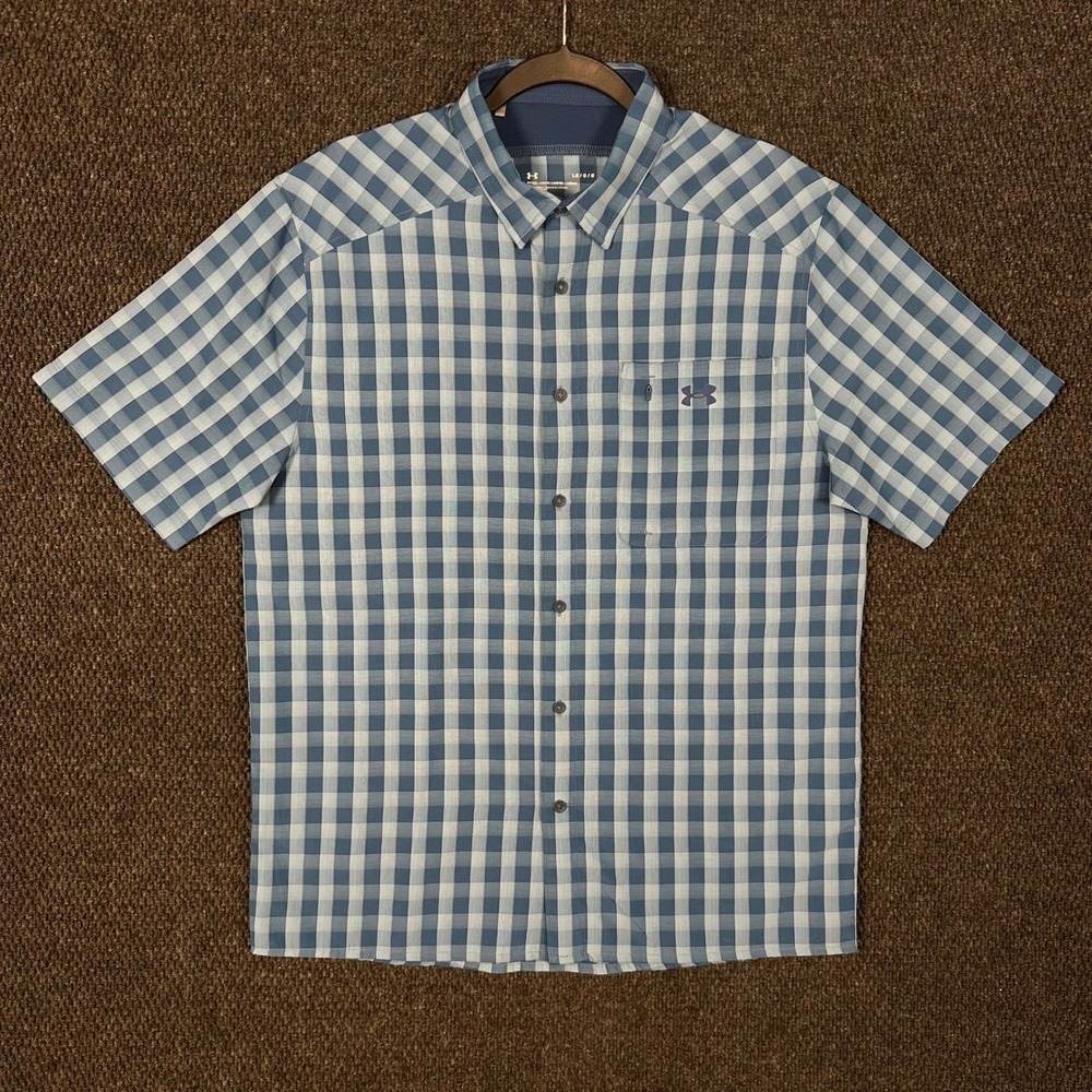 Under Armour Drift Tide Performance Shirt Mens L Fitted Blue Plaid Short Sleeve